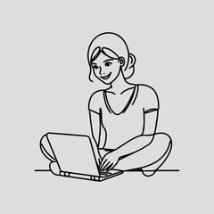 Minimalist Line Art Woman with Laptop Vector, Modern Freelancer Illustration, Sitting Woman Logo, Remote Work Icon, Digital Nomad