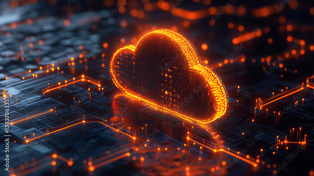 Aufkleber render of cloud computing with glowing orange color on dark background in a modern server room inter