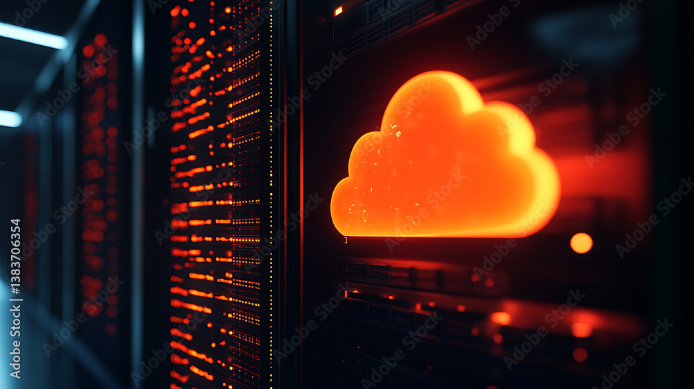 Poster Render of cloud computing with glowing orange color on dark background in a modern server room interior cloud technology concept