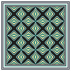 Geometric square print scarf pattern with diamond and hourglass shape in green and beige on a black background.