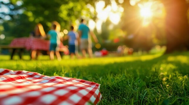 A family gathering for a picnic in a sunny park on a beautiful summer day.