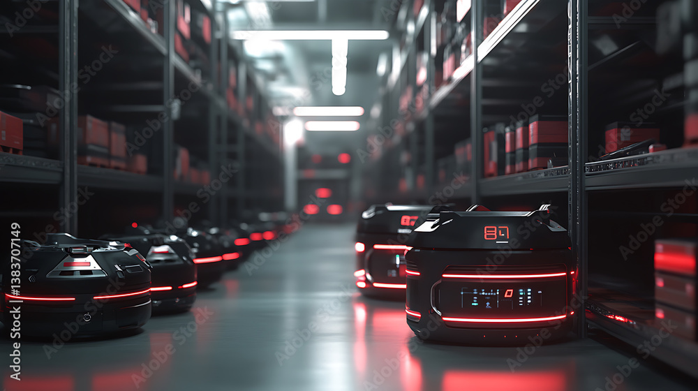 Poster Robot production plant, robots of the future stand in a row in a warehouse