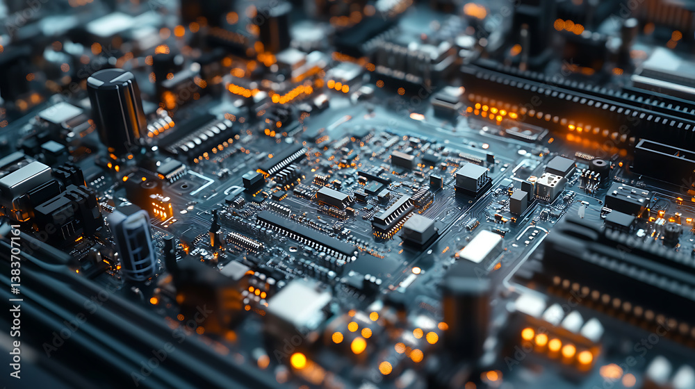 Poster robotic arms on assembly lines manufacturing circuit boards with chips, cpus, and electronic compone