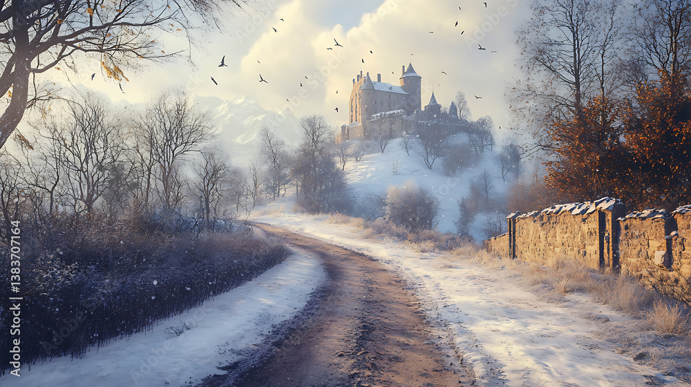 Poster road to the castle on a hill with snow on the ground and bare trees