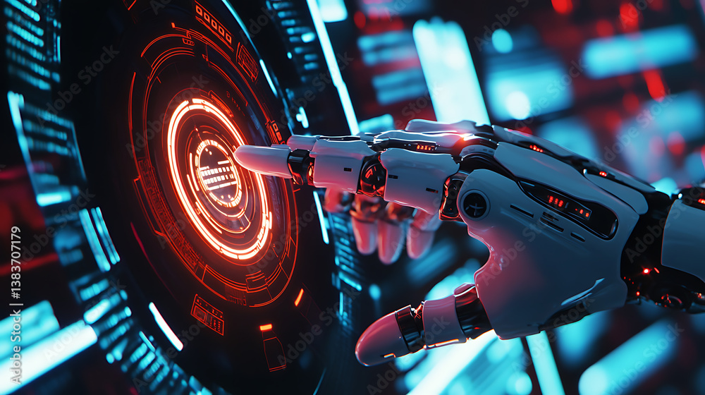 Fototapete Robot hand on futuristic ai icon to check correct data utilizing rpa function software program to help proof and detect and synchronize with system for future business technology