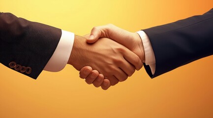 A close-up shot of two hands clasping in a firm handshake on a vibrant orange background.