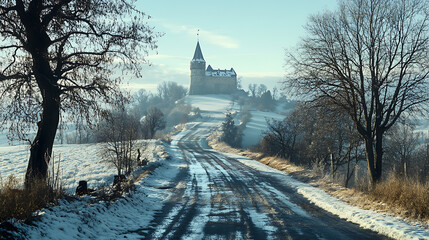 Road to the castle on a hill with snow on the ground and bare trees
