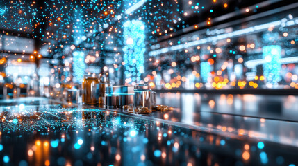Futuristic City Nightscape Glowing Blue and Orange Lights, Sparkling Particles
