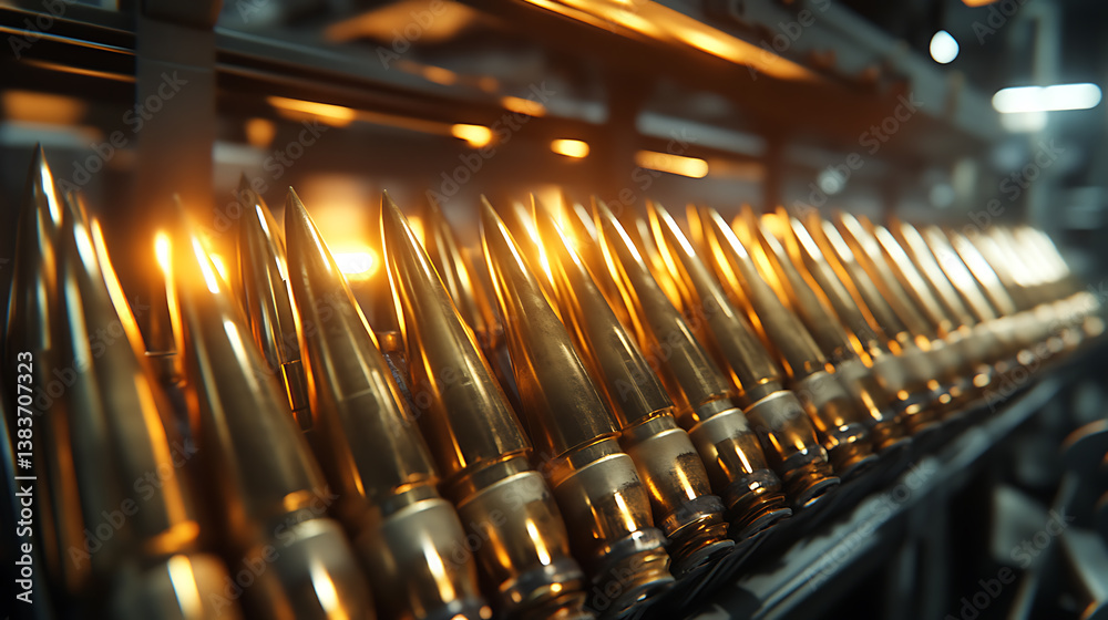 Poster rocket artillery ammunition industrial manufacturing process, fast and precise work in military comp