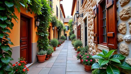 Fototapeta premium Picturesque Narrow Street in Mediterranean Village with Plants and Flowers