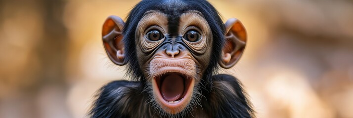 A cute baby monkey showcases an expressive open mouth, radiating joy and curiosity.