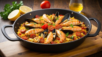 Fototapeta premium Saffron-Infused Paella: A Culinary Harmony of Seafood, Rice, and Fresh Aromatics Prepared with Spanish Flair and Presented in a Traditional Pan.
