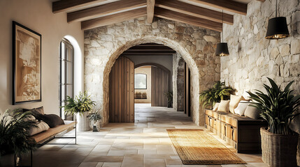 Boho interior design of modern living room with rustic furniture