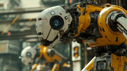 Fototapeta premium Smart industry robot arms for digital factory production technology showing automation manufacturing process of the Industry 4.0 or 4th industrial revolution and IOT software to control operation .