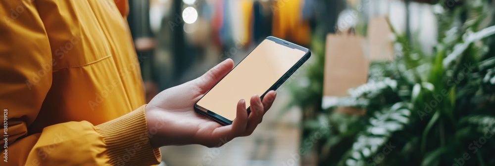 Poster Hand holds smartphone while browsing an online store app during a modern shopping experience in a vibrant environment