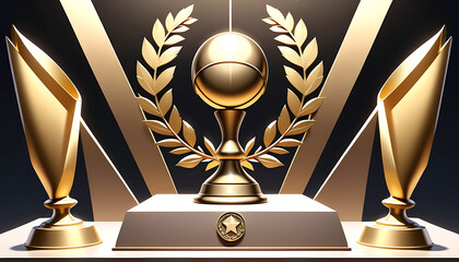 Golden Trophy Number One with Laurel Wreath and Victory Podium 3D Rendering

