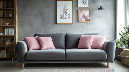 Rustic sofa with pink pillows against window near grey wall with poster frame and wooden bookcase, scandinavian home interior design of modern living room