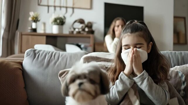 Young woman experiencing seasonal allergies, wearing face mask, sitting beside shih tzu dog on home sofa with blurred parent background