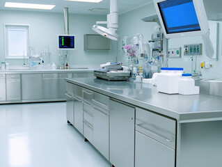 Modern Sterile Laboratory Interior with Stainless Steel Countertops and Medical Equipment
