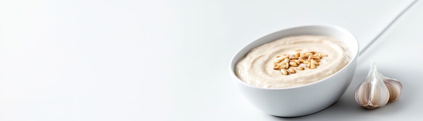 A yogurt dip with tahini and roasted garlic, nutty and creamy, soft shadows, isolated on white background