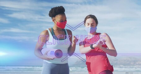 Exercising on beach, two women wearing masks with animation overlay text