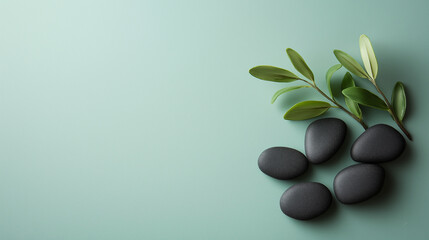 Black matte sea stones with green plant located on the right on the mate light blue surface with free space for background or text, or design