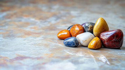 Blue, orange, yellow and white shiny sea stones placed on the right side of a ceramic or marble surface with free space for background or text or design close-up.