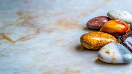 Amber stones placed on the right side of a ceramic or marble surface with free space for background or text or design close-up.