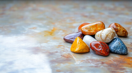 Amber stones different shapes placed on the right side of a ceramic or marble surface with free space for background or text or design close-up.