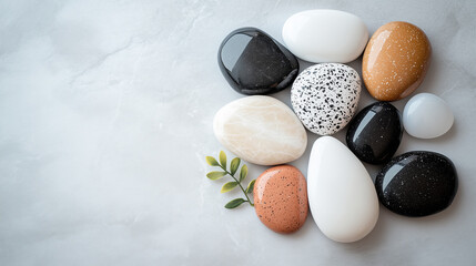 Medium-sized marble sea stones with small green plant located on the right side of the marble surface with free space for background or text.