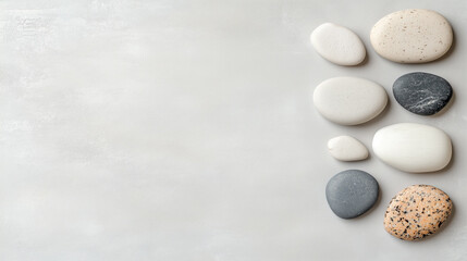 White and black sea ​​pebbles located on the right on a white surface with free space for the background or text, or design