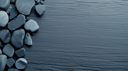 Small seas black stones on the dark-grey or black surface with free space for text, background or design.