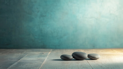 Three grey zen stones laying on wooden surface on soft blue background for text, background or design.