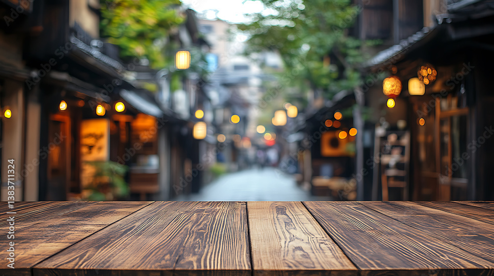 Aufkleber selected focus empty brown wooden table and coffee shop blur background with bokeh image, for produc