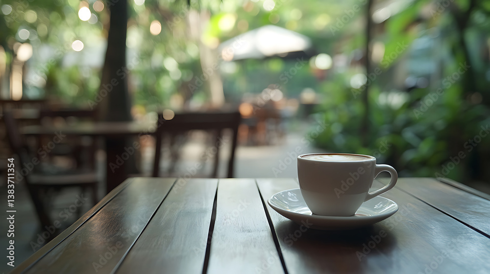 Poster selected focus empty brown wooden table and coffee shop blur background with bokeh image, for produc