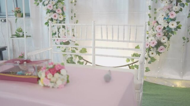 Wedding table decoration with many flowers background