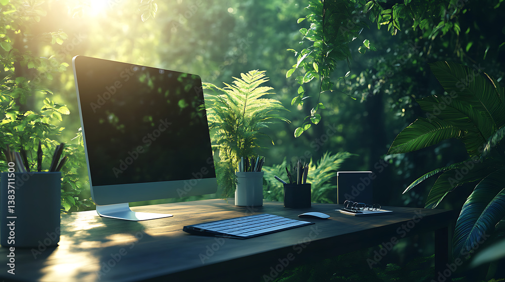Aufkleber serene and tranquil workplace with desk computer and stationery in lush, green forest and jungle, un