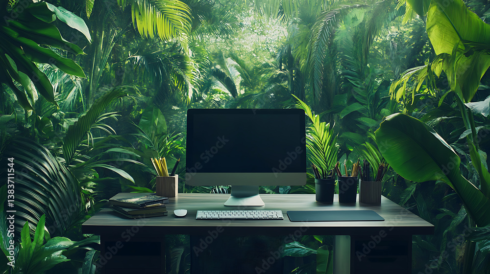 Poster Serene and tranquil workplace with desk computer and stationery in lush, green forest and jungle, unique and inspiring workspace with nature and corporate life integration, distant work and remote job