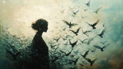 A mesmerizing surreal oil painting of a woman transforming into a flock of birds, her silhouette dissolving into hundreds of delicate wings.
