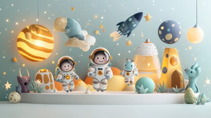 Children's space scene, whimsical