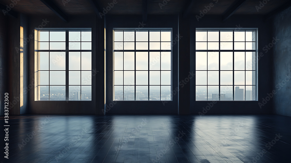 Poster side view on dark empty room interior with panoramic windows