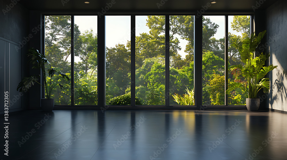 Poster side view on dark empty room interior with panoramic windows