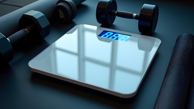White scale stands out dramatically on black gym floor, with blue digital display completing the high-contrast fitness aesthetic.
