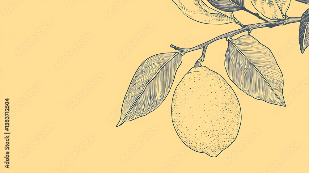 Poster simple line drawing illustration of a lemon on a tree branch