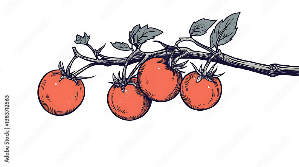 Poster simple line drawing illustration of a vine of tomatoes on a tree branch