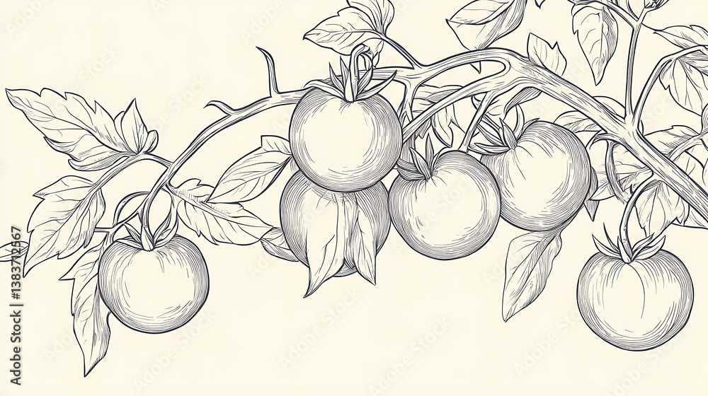 Aufkleber simple line drawing illustration of a vine of tomatoes on a tree branch