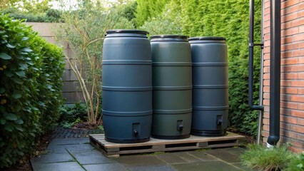 Three rain barrels sit on a wooden platform, surrounded by greenery, showcasing an eco-friendly water collection system.
