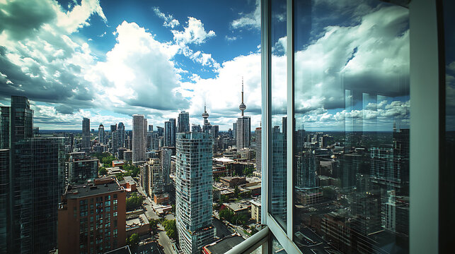 Fototapeta Skyline seen through a glass window