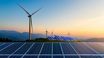 Wind Turbines And Solar Panels On A Hilltop At Sunset