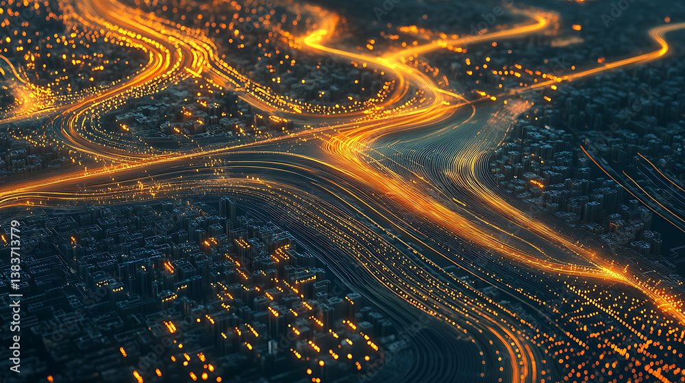 Poster Smart city and abstract lines are connected with gradient line and aesthetic intricate design of wavy lines, the concept of big data transmission technology, big data connection, 3d illustration
